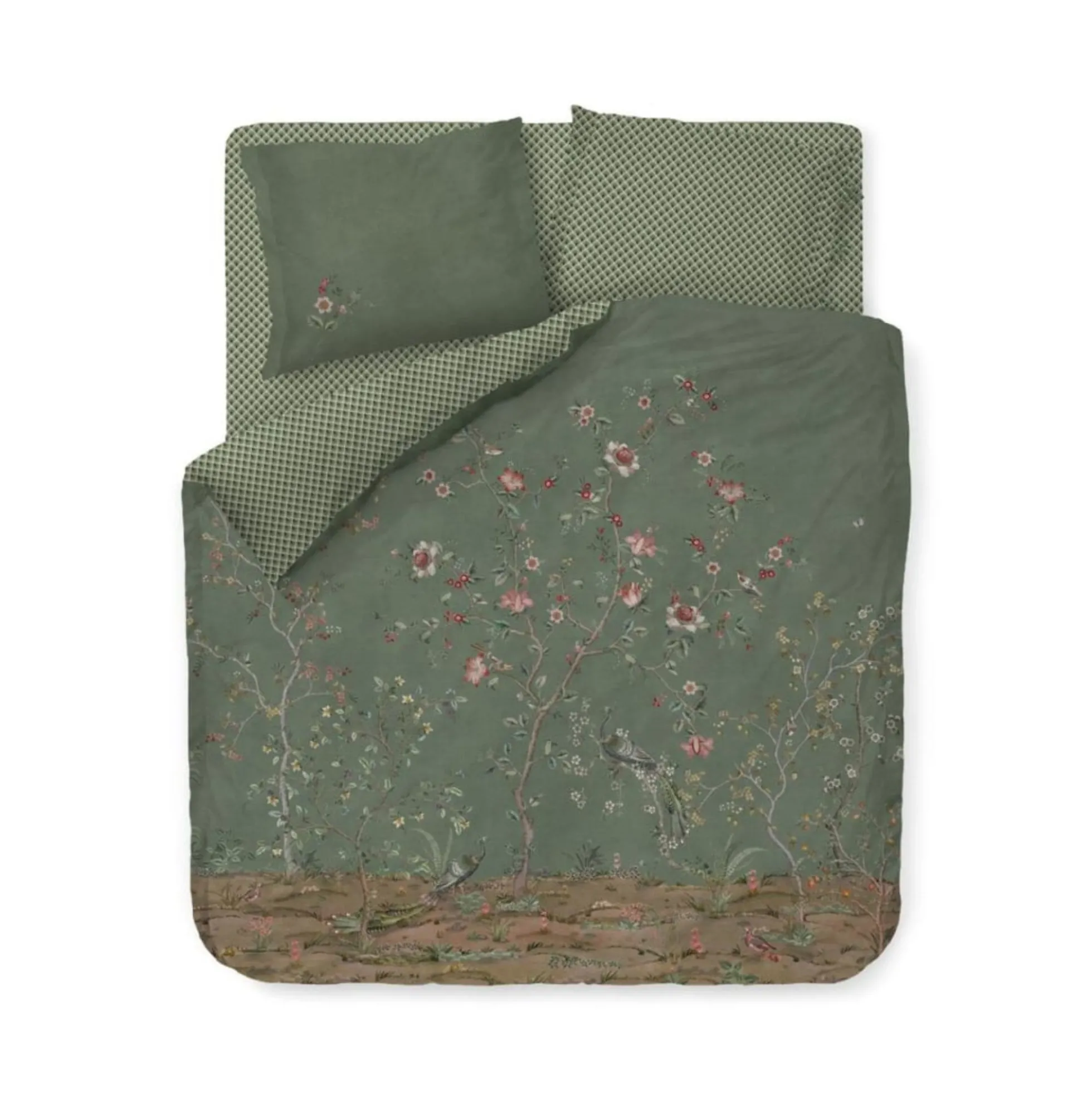 Blomstret dobbelt sengetøj 200x220 cm - Grønt vendbart sengesæt i 100% blød bomuld - Okinawa green - Pip Studio sengelinned