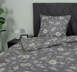 Dobbelt sengetøj 200x200 cm - Bæk og Bølge - 100% Bomulds krep - Gråt blomster print